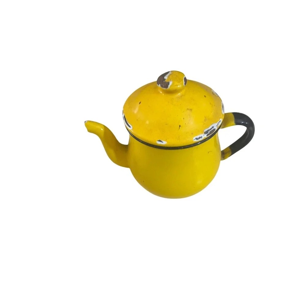 Vintage Yellow Enamelware Teapot Black Handle Rustic Farmhouse‎ Decor 5 Inch